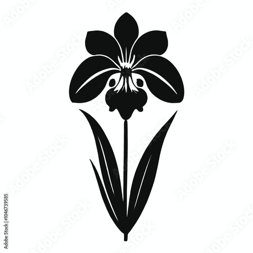 A black and white silhouette of a stylized flower