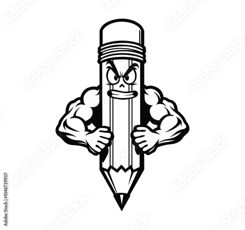 Cartoon pencil with muscular arms vector