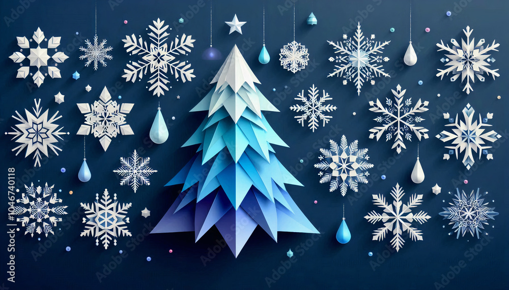 A blue background with a 3D paper origami Christmas tree surrounded by snowflakes and star ornaments, creating a serene winter scene A blue background with a 3D paper origami Christmas tree surrounded by snowflakes and star ornaments, creating a serene winter scene