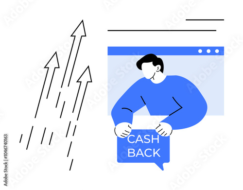 A man stands in a browser window holding a Cash Back sign. Arrows on the left point upwards, symbolizing growth. Ideal for finance, e-commerce, online shopping, customer rewards, and financial growth