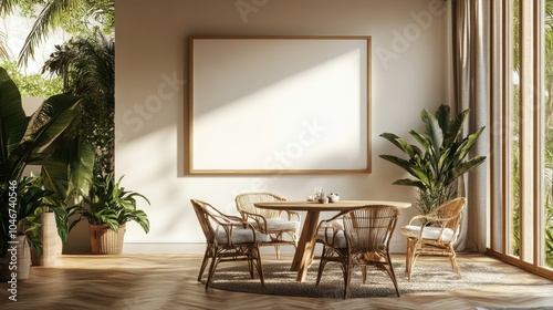 Cozy dining room with a blank canvas on the wall