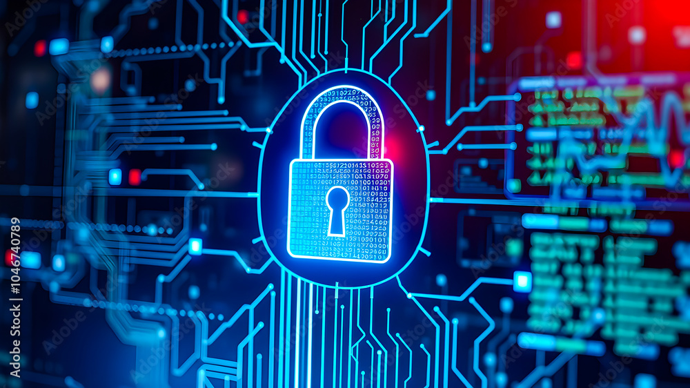 Creative cyber security design and protection of private information and data concept. Locks on blue integrated circuit background. Firewall from hacker attack. Ai generated Creative cyber security design and protection of private information and data concept. Locks on blue integrated circuit background. Firewall from hacker attack. Ai generated
