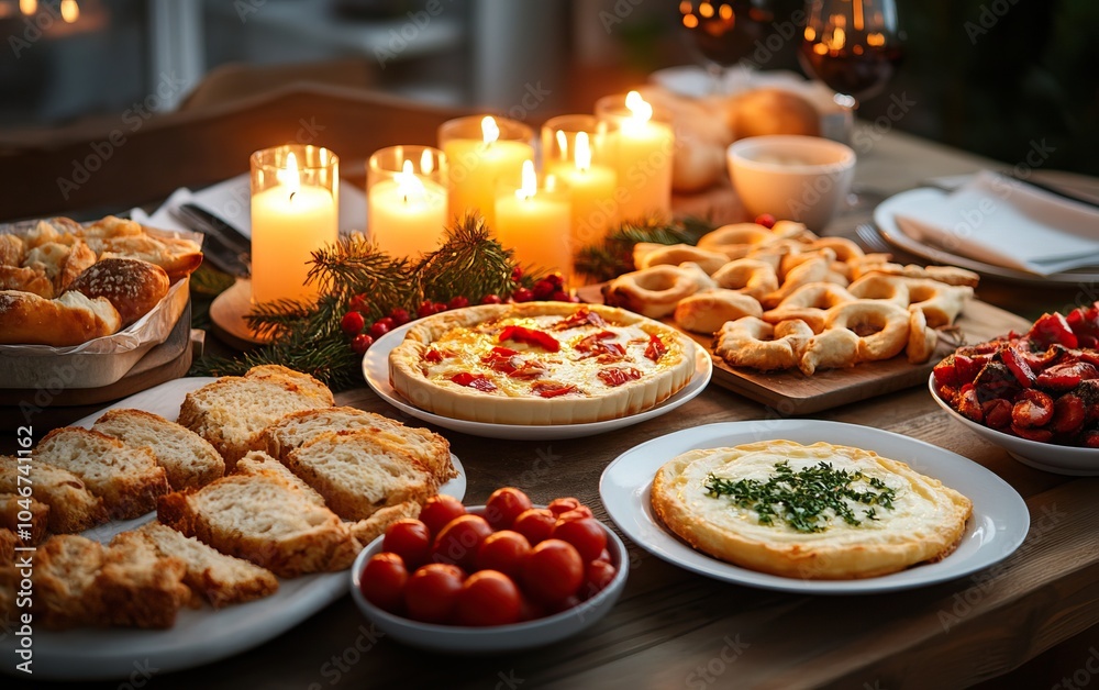 Delicious festive spread with various dishes, candles, and a warm ambiance. Delicious festive spread with various dishes, candles, and a warm ambiance.