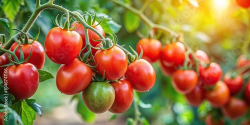 A group of ripe red tomatoes hanging from the branches of a healthy tomato plant, ripened, leafy greens, red, plant