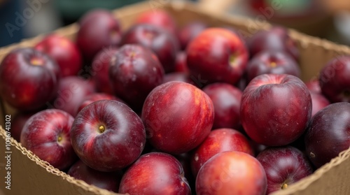 Close-up of Red Plums in a Box