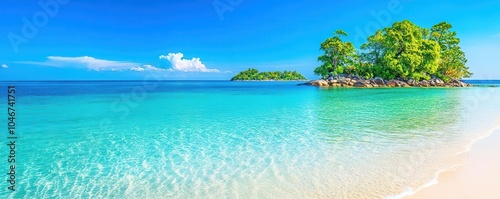 Timeless ocean view, crystal clear water, exotic island in distance, watercolor style