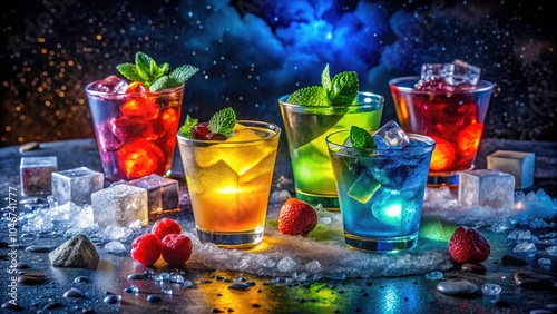 Refreshing Summer Juice in Ice Granite Containers - Night Photography with Vibrant Colors and Cool Atmosphere