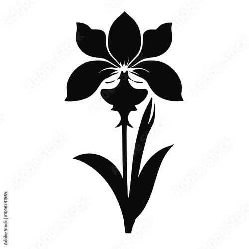 A black and white silhouette of a stylized flower