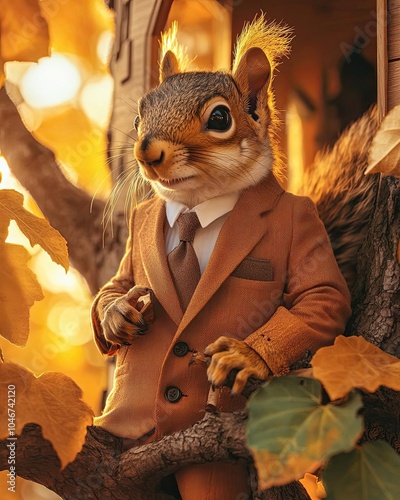 Squirrel in a Suit Among Autumn Leaves photo