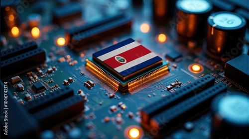 A microprocessor featuring Costa Rica flag is installed on a circuit board, illuminated by glowing lights, representing role in global tech and semiconductor industries photo