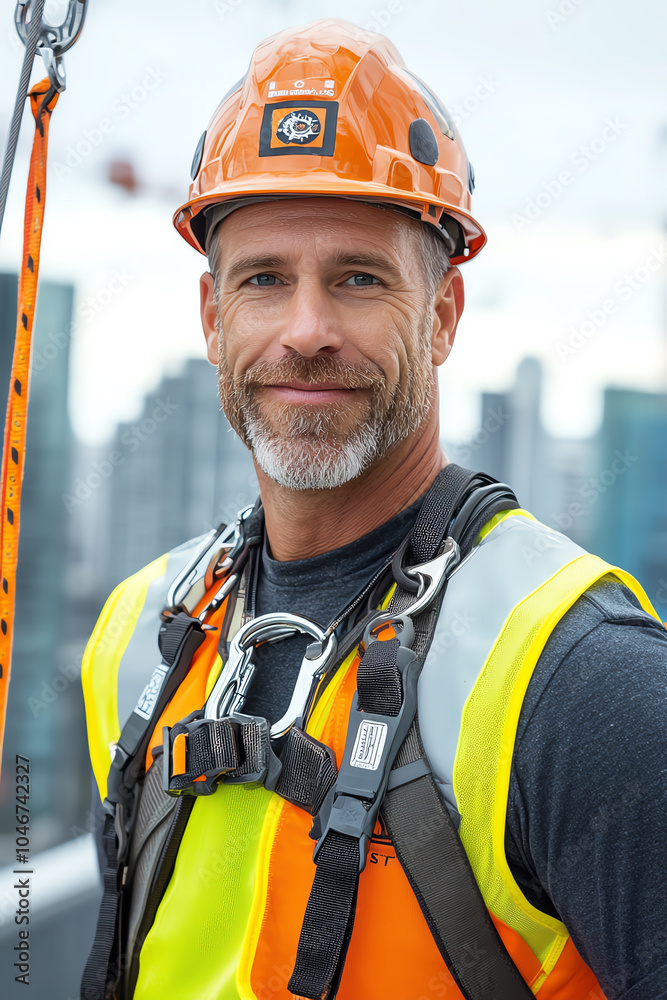 Confident construction worker on a high-rise building site in urban environment Confident construction worker on a high-rise building site in urban environment