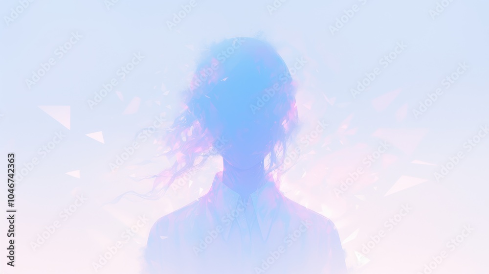 A serene and ethereal artwork depicting a silhouette with fragmented elements in pastel blue and pink, symbolizing introspection, peace, and transformation. A serene and ethereal artwork depicting a silhouette with fragmented elements in pastel blue and pink, symbolizing introspection, peace, and transformation.