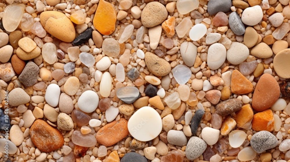 Broad view of a surface scattered with tiny, bright-colored pebbles and grains of sand. The image includes a large area of empty space, Broad view of a surface scattered with tiny, bright-colored pebbles and grains of sand. The image includes a large area of empty space,