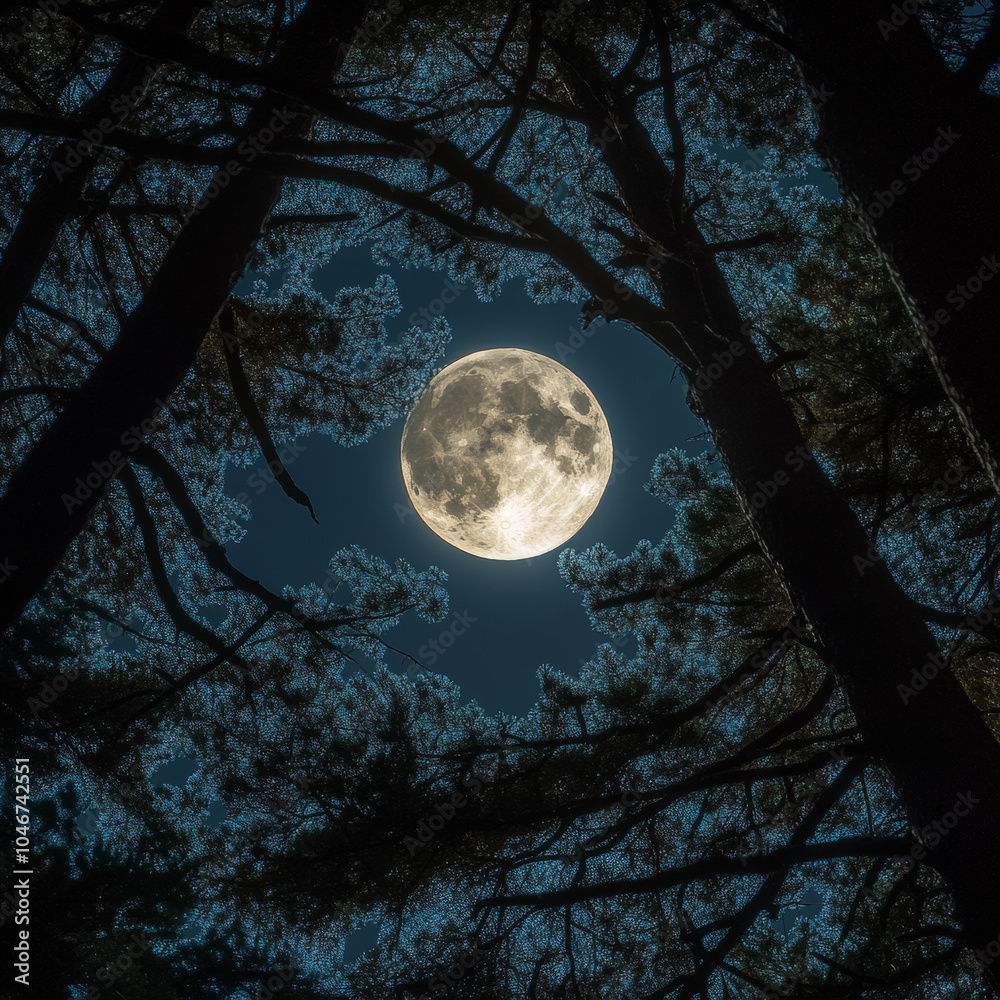 Naklejka premium Beneath the trees, the moonlight filters through, casting a serene glow on the forest. A magical night in nature's embrace.