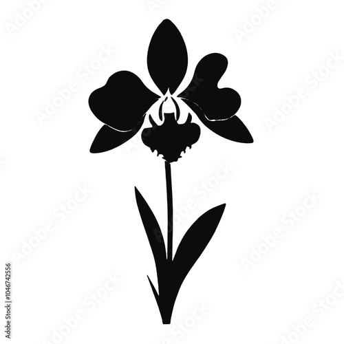 A black and white silhouette of a stylized flower