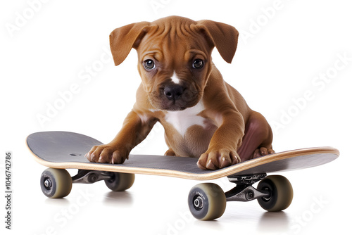 Cute puppy dog on skateboard isolated on white background