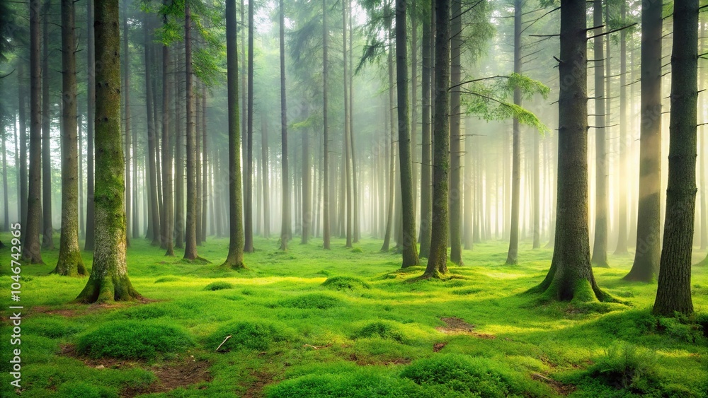 A misty forest landscape with tall trees and a carpet of green grass underfoot, outdoor photography, green grass, misty environment, woodland landscape A misty forest landscape with tall trees and a carpet of green grass underfoot, outdoor photography, green grass, misty environment, woodland landscape