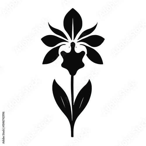 A black and white silhouette of a stylized flower