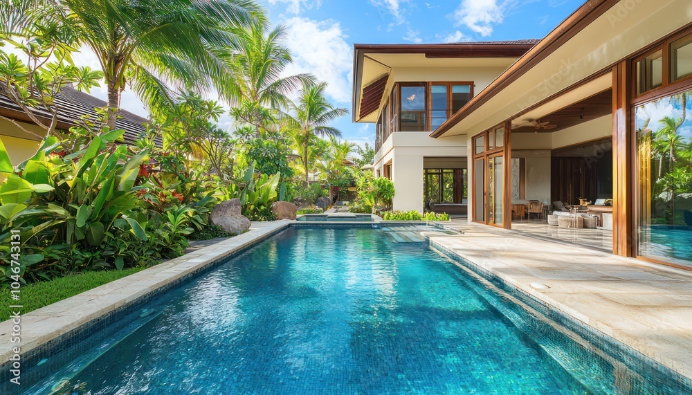 Lush green garden and tropical pool at a suburban villa emphasize luxury. Lush green garden and tropical pool at a suburban villa emphasize luxury.