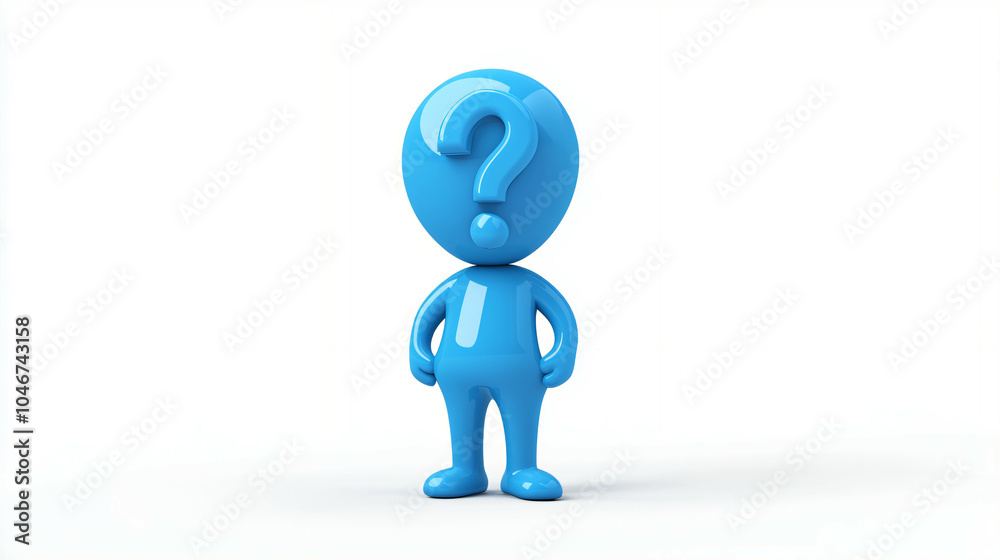 3D Blue Character Person Icon With Problem Thinking and Question Mark Head. 3D Blue Character Person Icon With Problem Thinking and Question Mark Head.