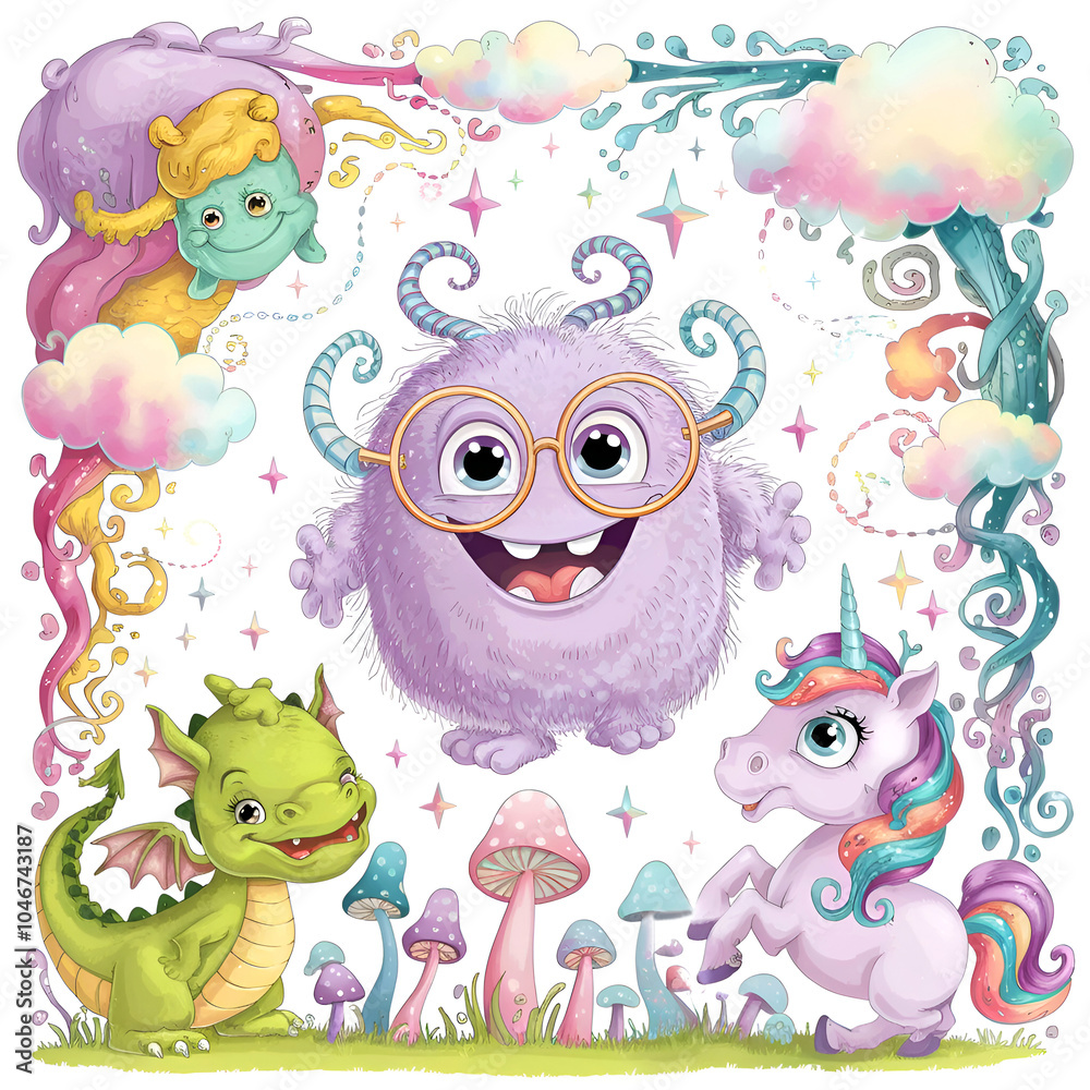 Obraz premium cutest funny different monsters, unicorn and elfs at white background. Digital illustration. Ai generated