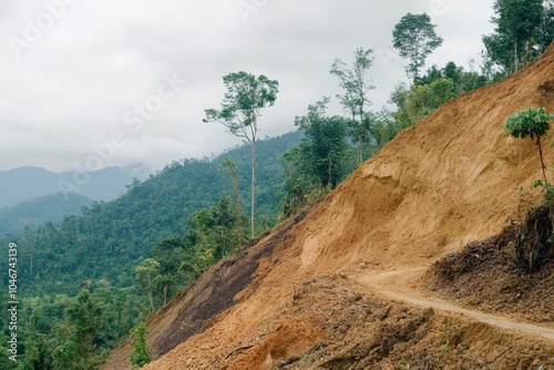 A deforested hillside prone to landslides, with the absence of trees causing soil to erode and destabilize. photo