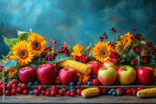 autumn harvest display, a vibrant fall harvest display on a wooden table with apples, corn, and sunflowers creates a picturesque scene