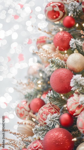 Festive Light: A giant Christmas tree, decorated with balls and bokeh lights under a giant Christmas tree