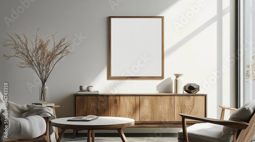 Cozy dining room with an empty frame on the sideboard