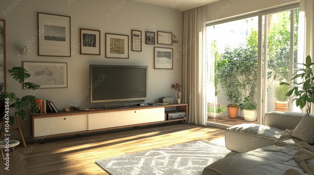Fototapeta premium Cozy living room with a blank TV stand