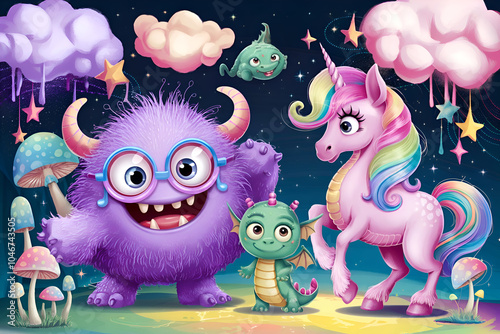 cutest funny different monsters, unicorn and elfs at white background. Digital illustration. Ai generated photo