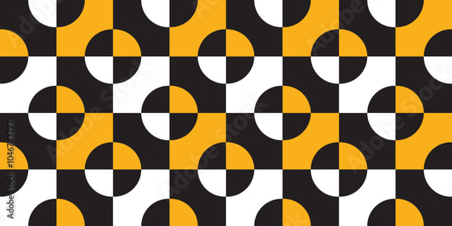 Seamless geometric pattern of black, orange and white quarter circles. Perfect for printing, design and textiles