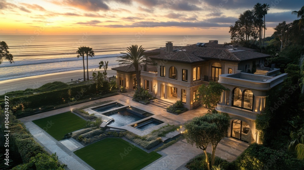 Fototapeta premium Coastal mansion with a beach view.