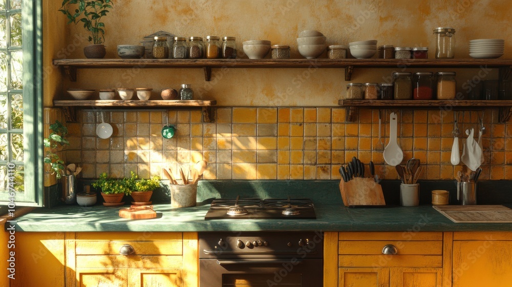 Cozy kitchen with an empty spice rack Cozy kitchen with an empty spice rack