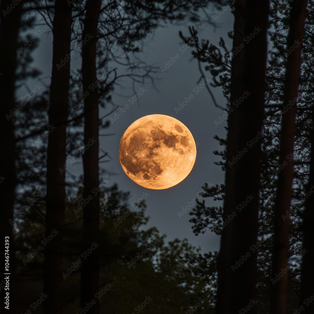 Naklejka premium Beneath the trees, the moonlight filters through, casting a serene glow on the forest. A magical night in nature's embrace.