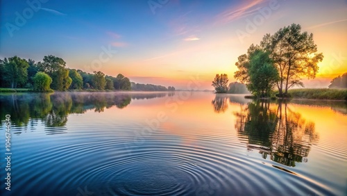 A serene lake scene at dawn with soft water ripples and surrounding trees, peaceful, atmospheric, forest, lake