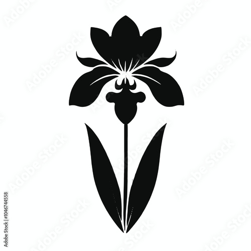 A black and white silhouette of a stylized flower