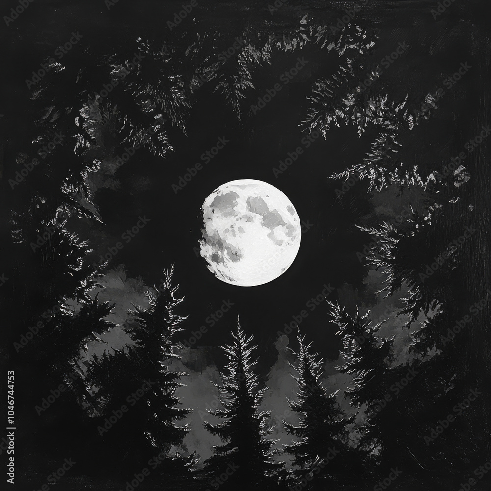 Naklejka premium Beneath the trees, the moonlight filters through, casting a serene glow on the forest. A magical night in nature's embrace.