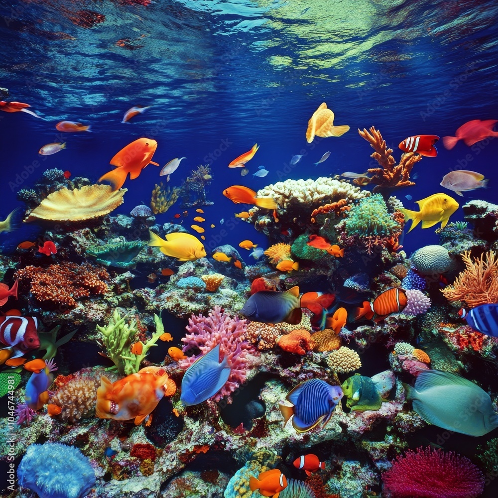 Fototapeta premium Thriving Coral Reef Ecosystem Teeming with Colorful Tropical Fish, Vibrant Underwater Scene.