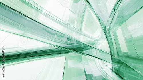 abstract 3d green glass background with intersecting transparent layers and dynamic curved structures, modern architectural design with light reflections