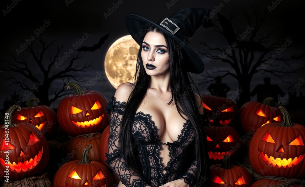 A beautiful witch in black, surrounded by glowing carved pumpkins, stands under a full moon with flying bats, creating a haunting Halloween ambiance. A beautiful witch in black, surrounded by glowing carved pumpkins, stands under a full moon with flying bats, creating a haunting Halloween ambiance.