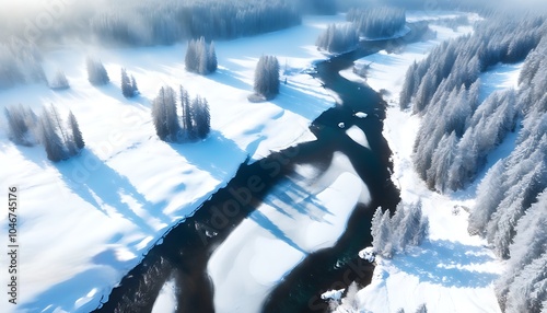 Aerial view of snowy winter forest photo