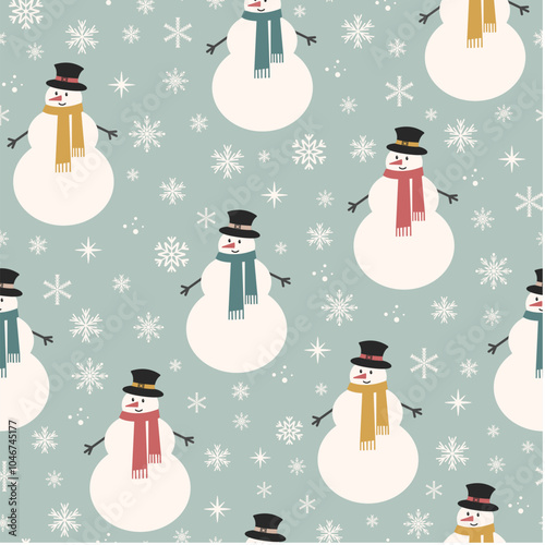 Christmas seamless pattern with cute snowman and snowflakes on a light background. Vector design template. Happy New Year pattern. Season greeting.