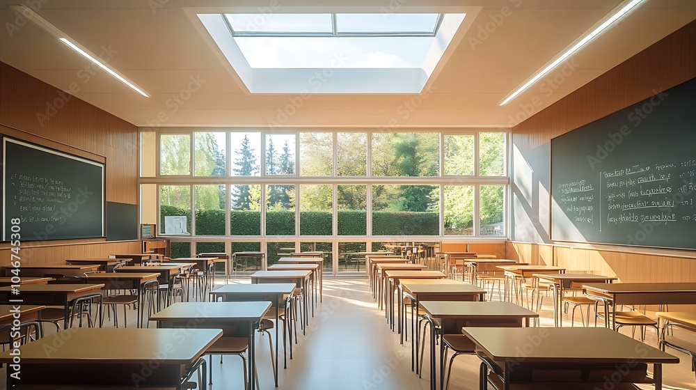 Fototapeta premium Modern classroom interior with large windows and skylights