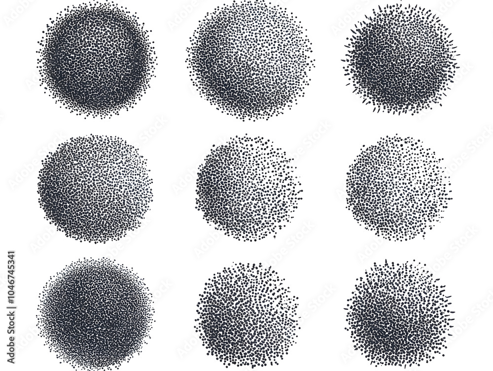 Abstract set of black stipple spray circle, dotted monochrome elements isolated on white background. Dissolving points, noise gradient	