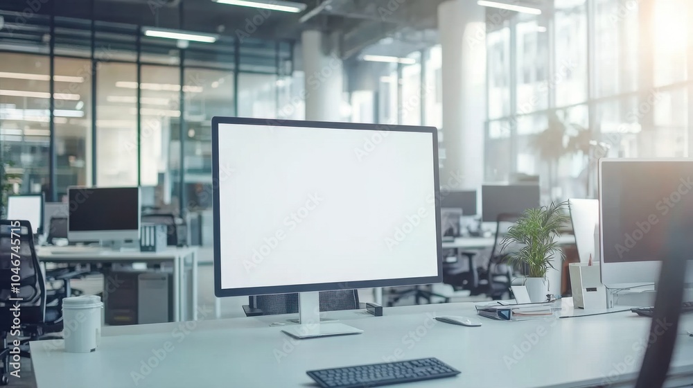 Modern office interior with blank advertising mockup on digital screens and walls illuminated by natural light and stylish furniture