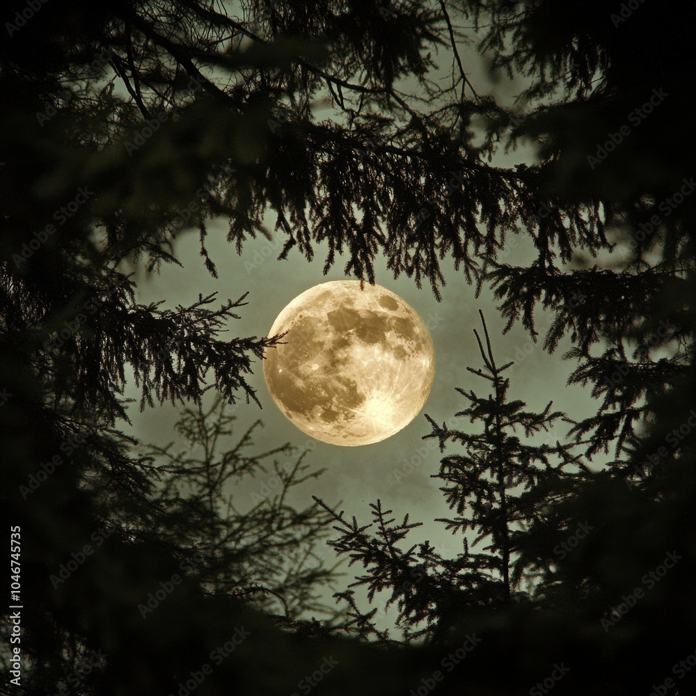 Naklejka premium Beneath the trees, the moonlight filters through, casting a serene glow on the forest. A magical night in nature's embrace.