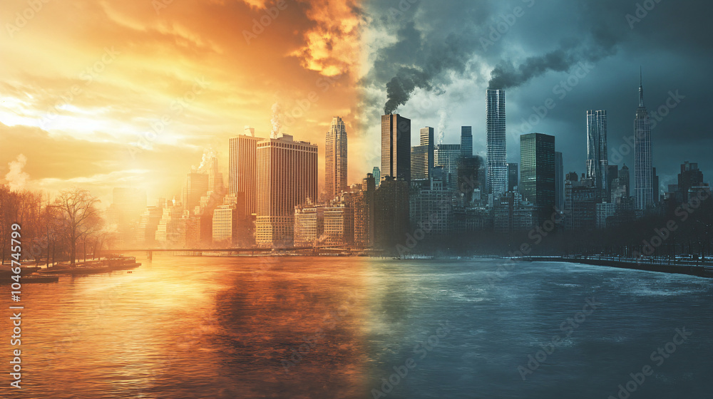 Fototapeta premium Cityscape Divided by Climate Change or Effect from Global Warming.