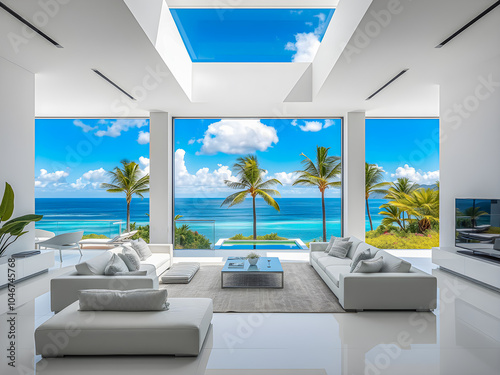 Modern oceanfront terrace living room with minimalist design clean lines and expansive ocean view. Luxury stunning contemporary mansion villa, glass windows, pool, palm trees, sea view. Creative Ai