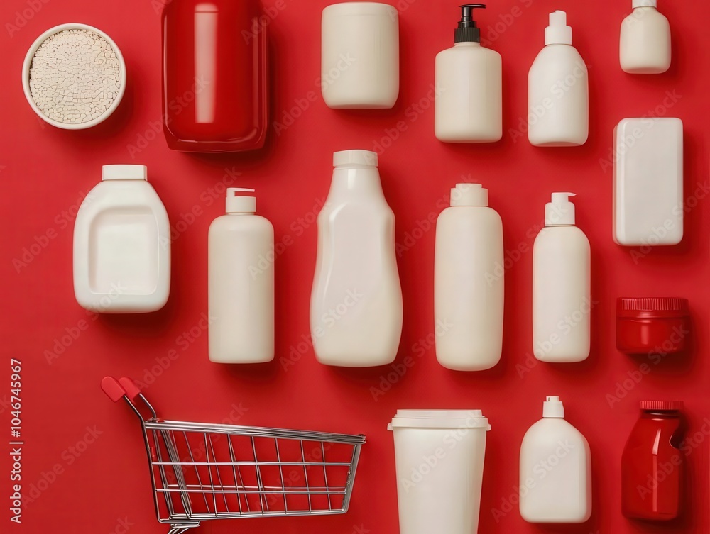Diverse Plastic Containers and Bottles Arranged on a Vibrant Red Background for Packaging Design Diverse Plastic Containers and Bottles Arranged on a Vibrant Red Background for Packaging Design